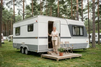 Femme souriante devant un mobil-home moderne blanc et gris installé sur un emplacement de camping entouré de pins