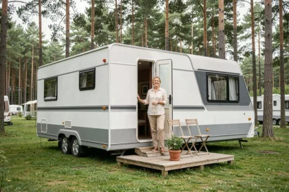 Femme souriante devant un mobil-home moderne blanc et gris installé sur un emplacement de camping entouré de pins