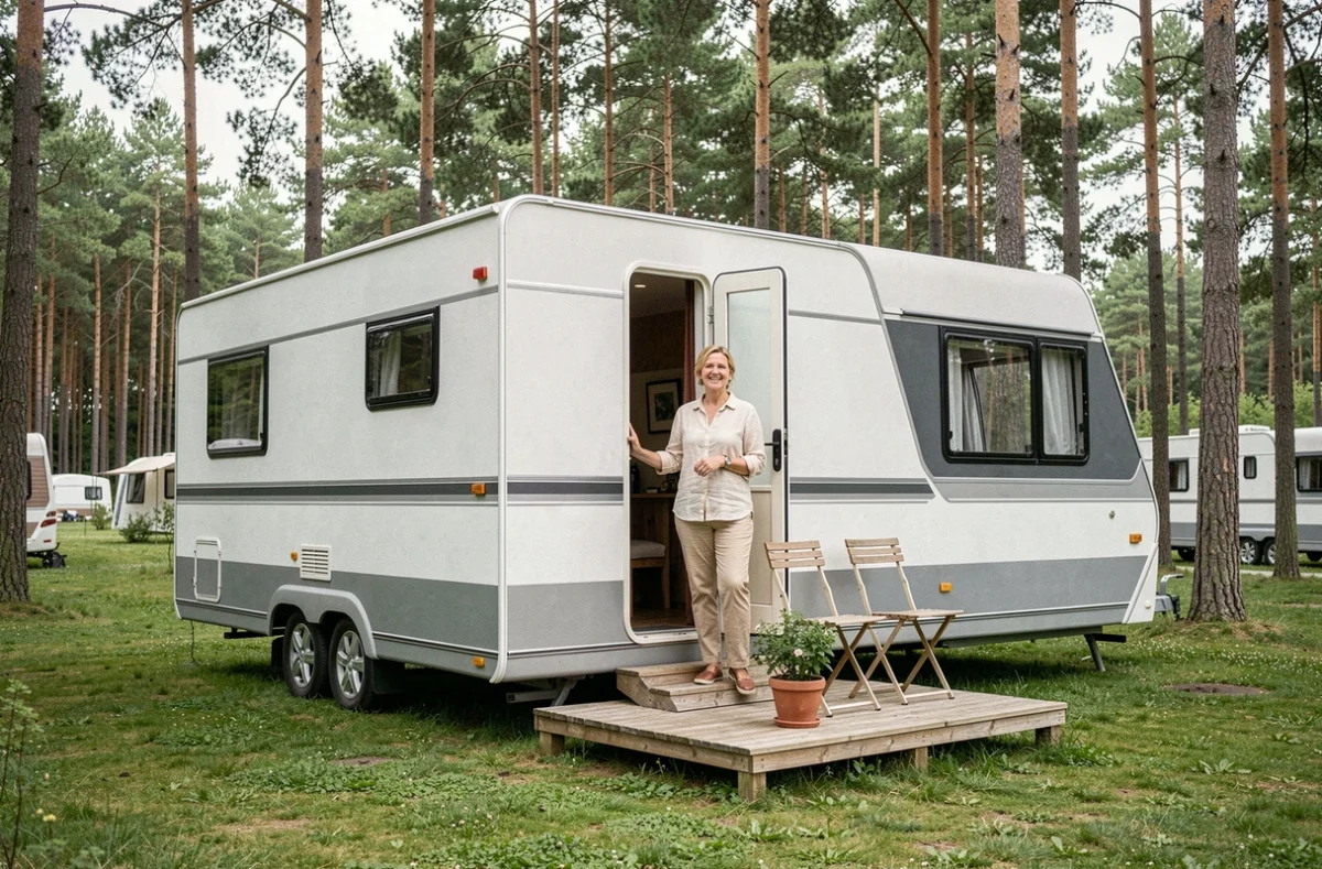 Femme souriante devant un mobil-home moderne blanc et gris installé sur un emplacement de camping entouré de pins
