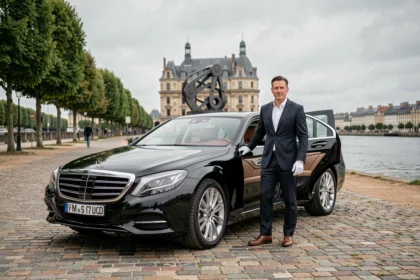 Chauffeur VTC professionnel en costume sombre tenant la portière d'une berline noire de luxe sur les bords de Loire à Nantes