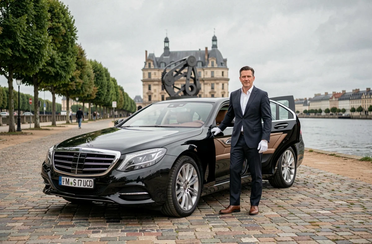 Chauffeur VTC professionnel en costume sombre tenant la portière d'une berline noire de luxe sur les bords de Loire à Nantes