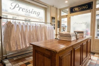 Intérieur d'un pressing parisien avec des vêtements suspendus sur un rail et un comptoir en bois usé