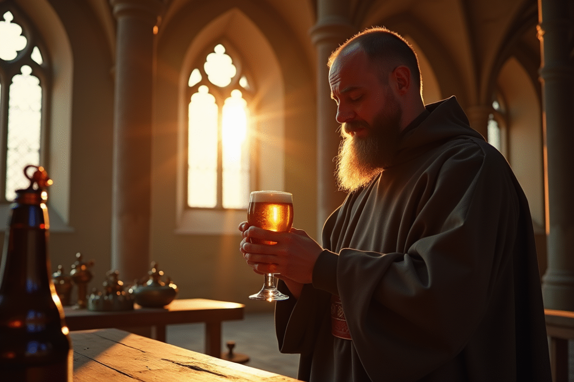Moine belge versant de la bière dans une abbaye ancienne