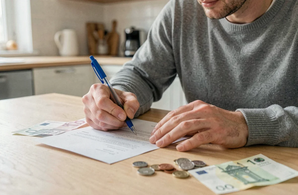Homme remplissant un formulaire avec le montant de 150 euros écrit en toutes lettres sur un document