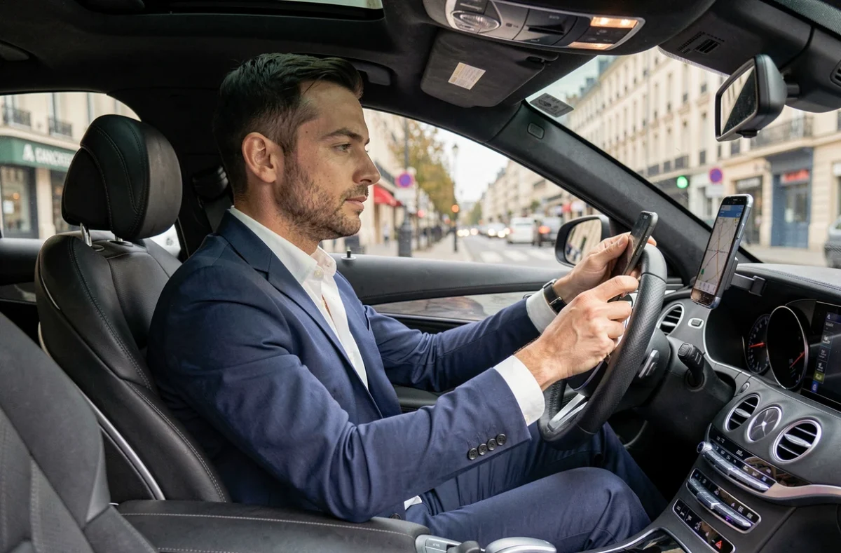 Chauffeur de Nantes Driver en costume bleu marine au volant d'une berline noire premium dans les rues de Nantes