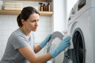 Femme nettoyant le joint en caoutchouc d'un lave-linge avec un chiffon microfibre et des gants en latex bleus dans une buanderie moderne