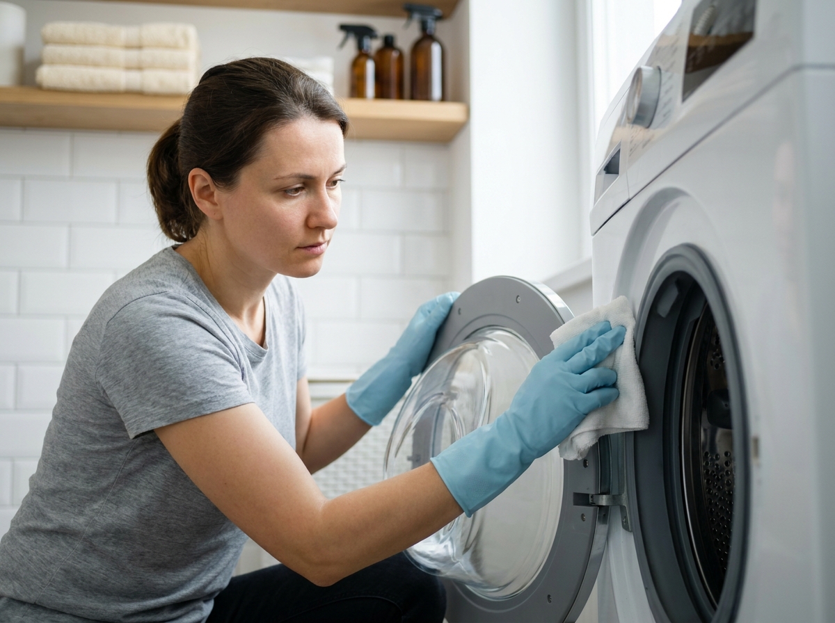 Femme nettoyant le joint en caoutchouc d'un lave-linge avec un chiffon microfibre et des gants en latex bleus dans une buanderie moderne