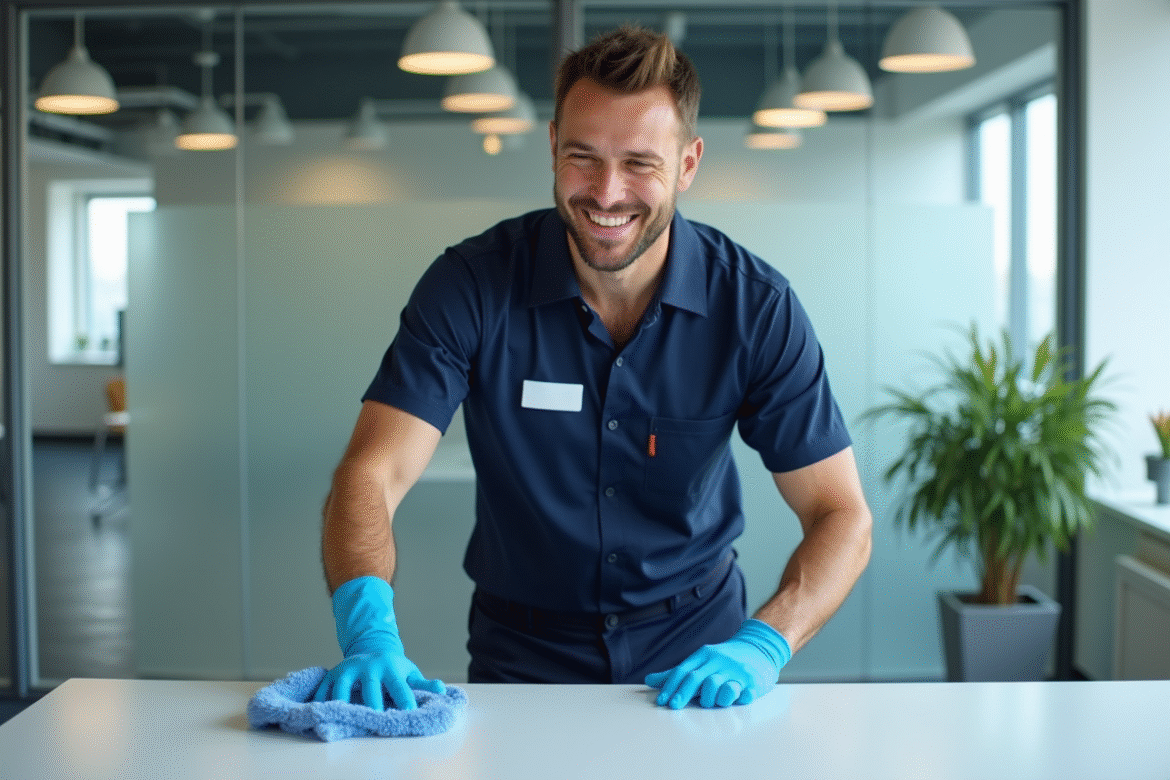 Agent de nettoyage professionnel dans un bureau moderne