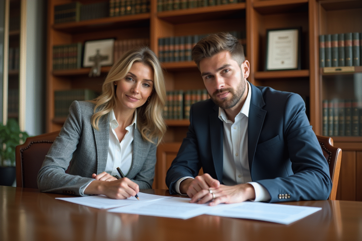Femme et son fils examinent des documents officiels dans un bureau