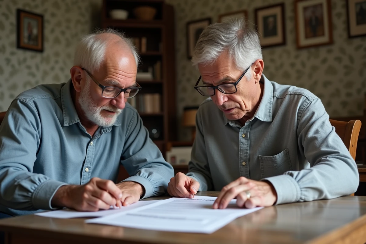 Père et fils examinent un formulaire dans le salon familial