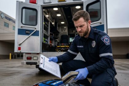Paramédic organisant son équipement médical dans une sacoche ouverte à l'arrière d'une ambulance avant une intervention