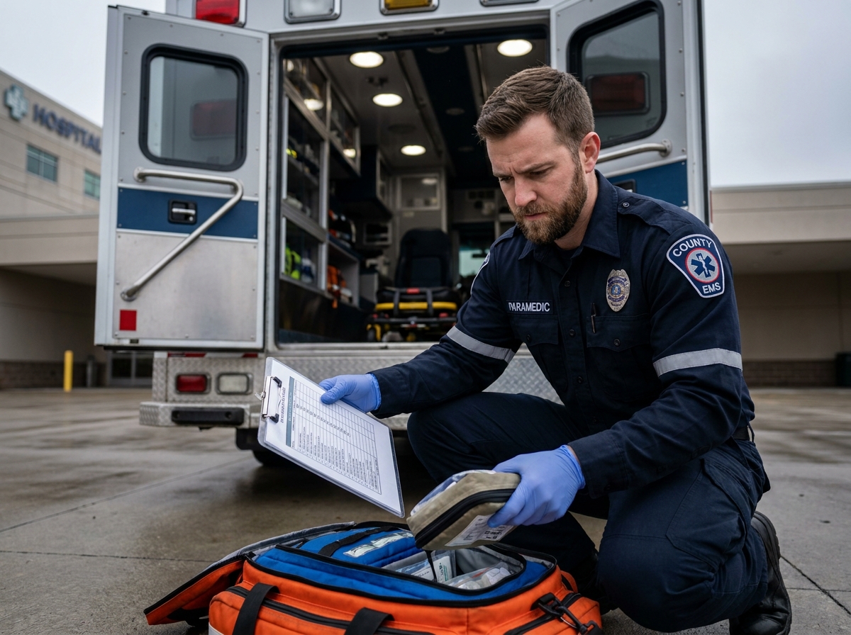 Paramédic organisant son équipement médical dans une sacoche ouverte à l'arrière d'une ambulance avant une intervention