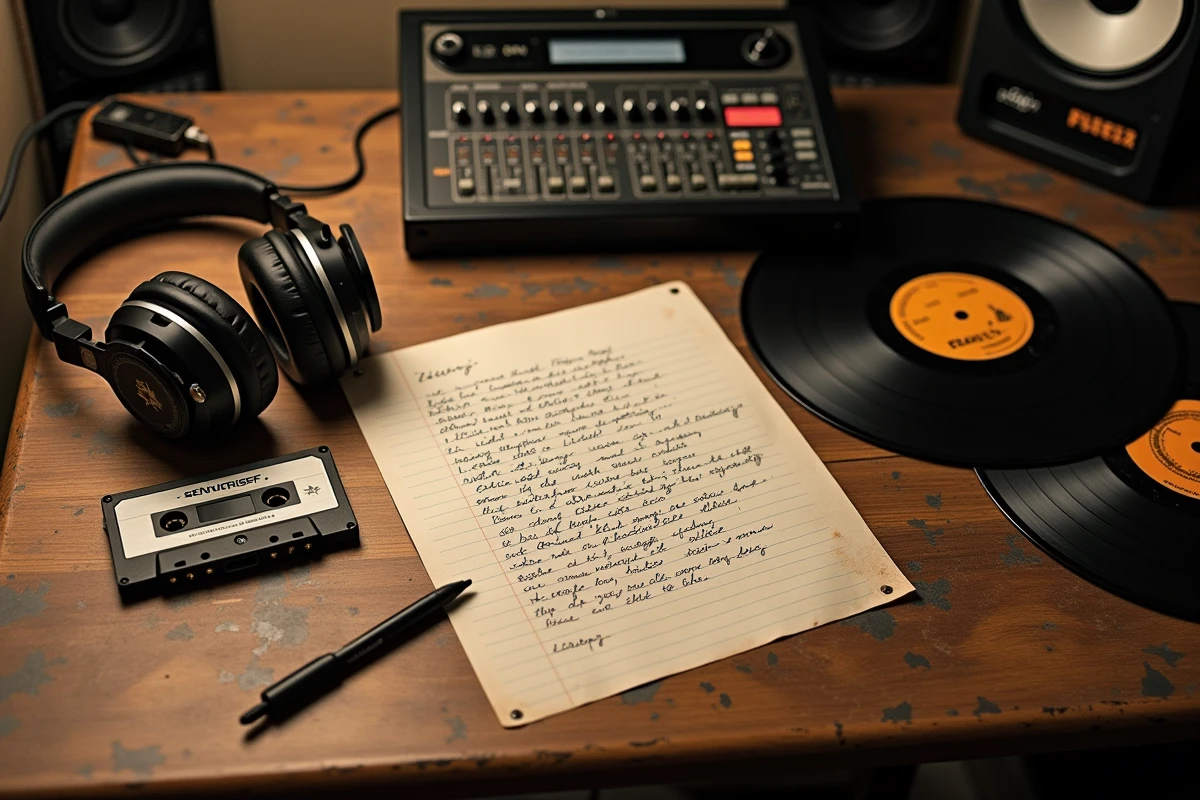 Paroles de rap manuscrites, vinyles et casque audio vintage sur une table de studio années 90, illustrant le processus créatif derrière les textes de Coolio et Gangsta's Paradise