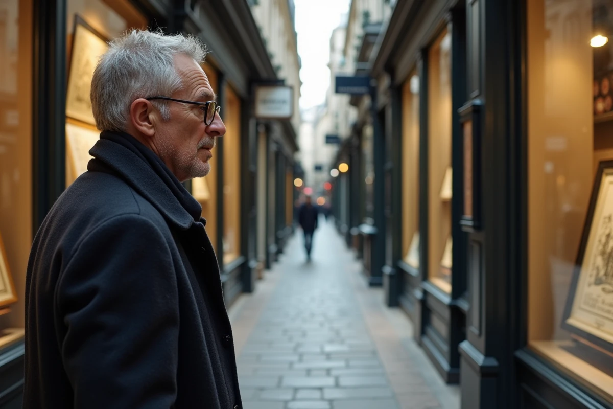 Homme examinant une gravure ancienne dans le Passage Vivienne à Paris, galerie couverte plus discrète avec boutiques d'antiquaires