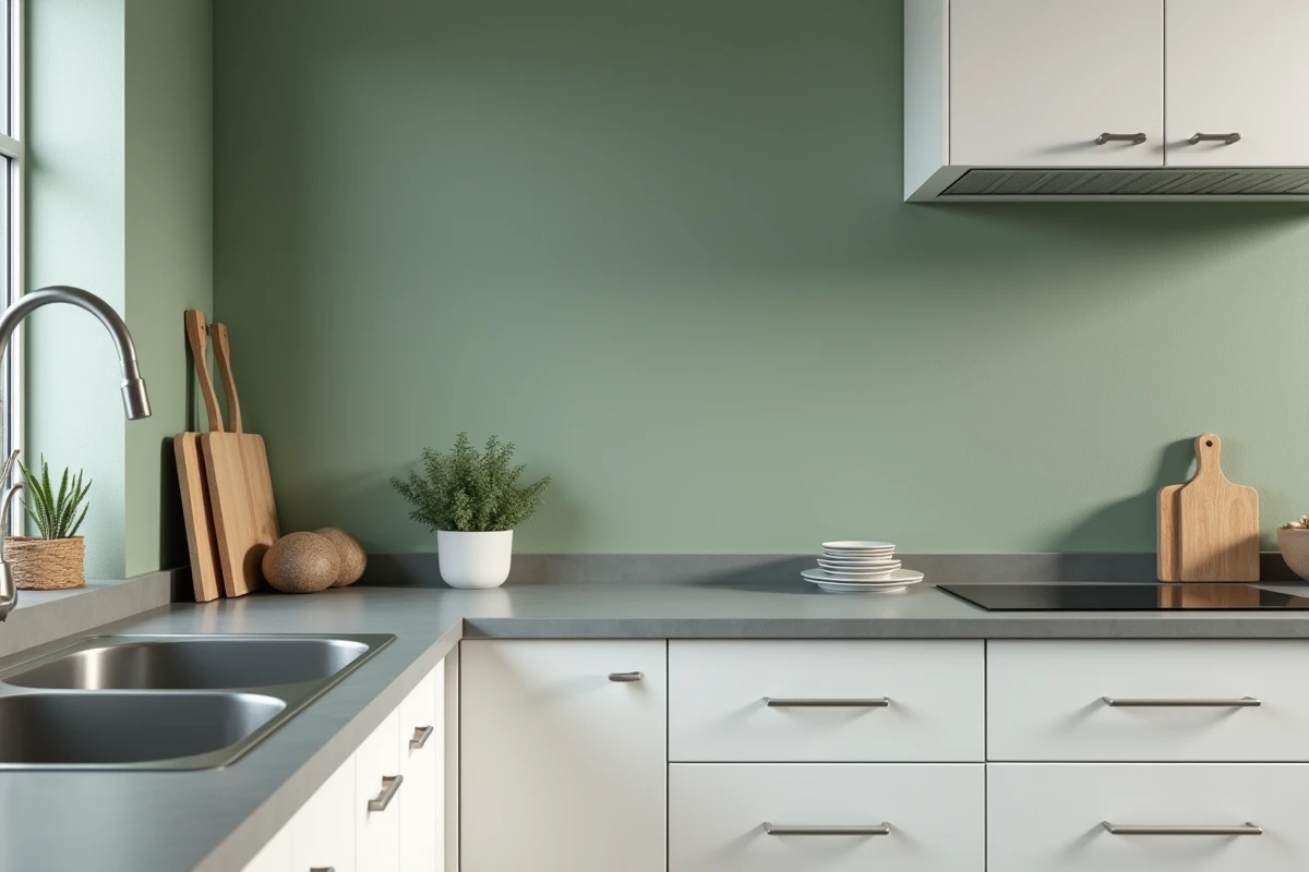 Mur de cuisine peint en vert sauge mat avec meubles blancs et plan de travail en pierre grise