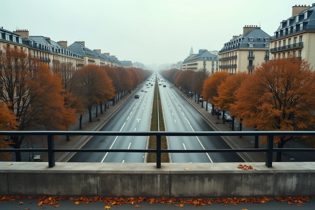 Vue depuis un pont piéton sur le périphérique parisien symbolisant la frontière entre Paris et sa banlieue