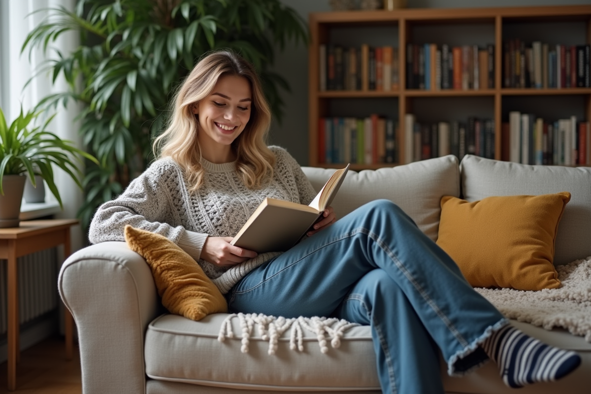 Personne nonbinaire lisant dans un salon cosy