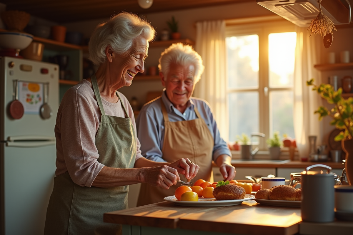 Couple âgé préparant le petit déjeuner dans la cuisine chaleureuse