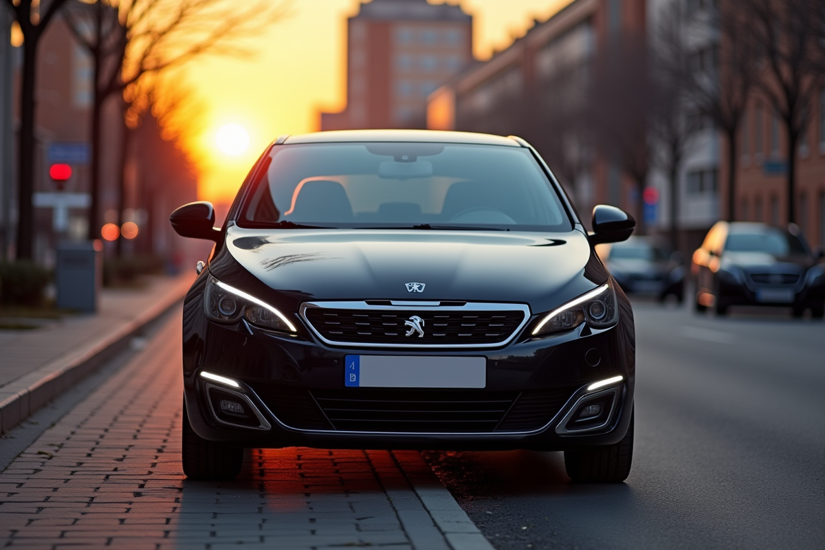 Peugeot 308 GTI automatique en ville au coucher du soleil