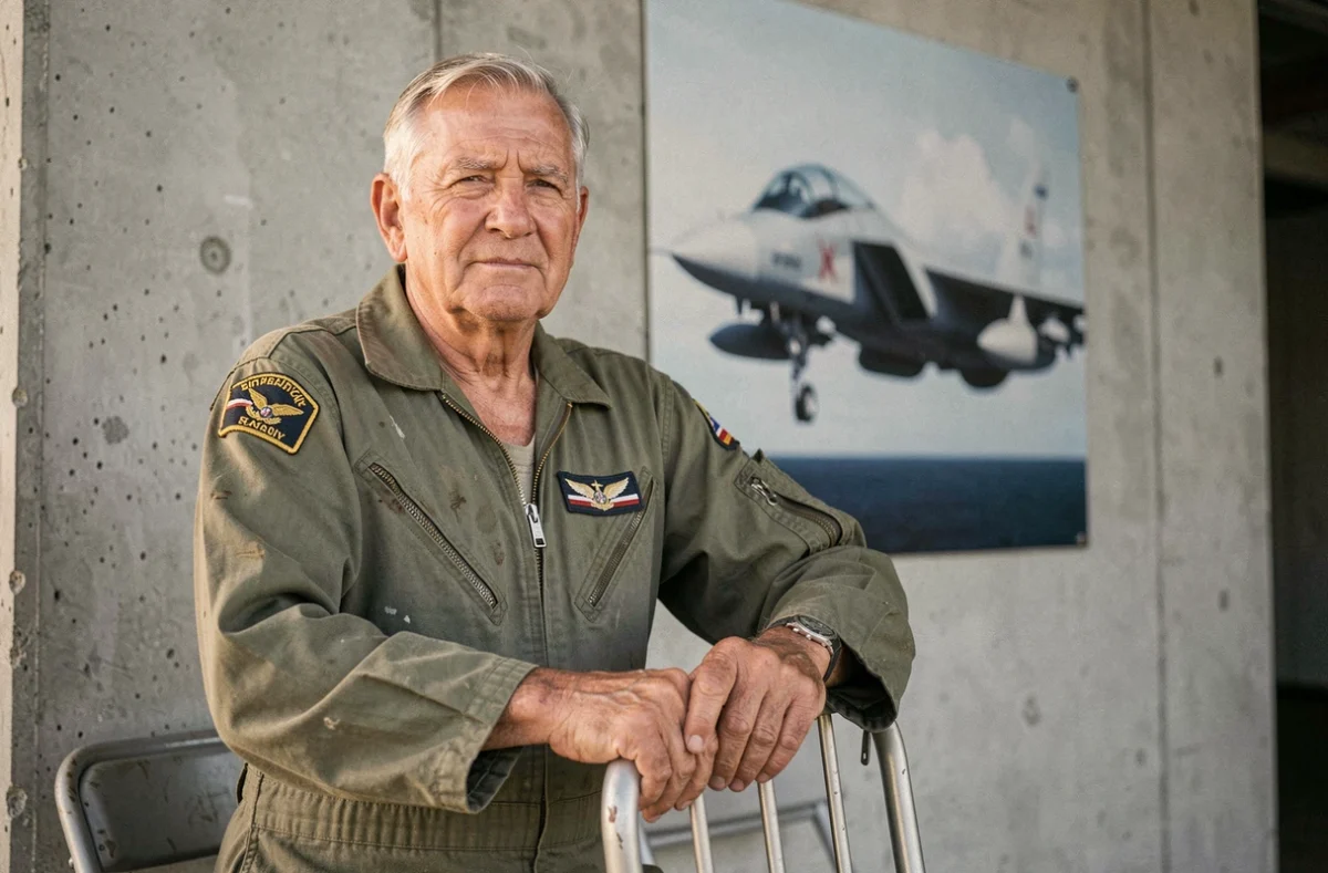 Vétéran pilote militaire devant une photographie de F-4 Phantom dans un hangar, portrait documentaire