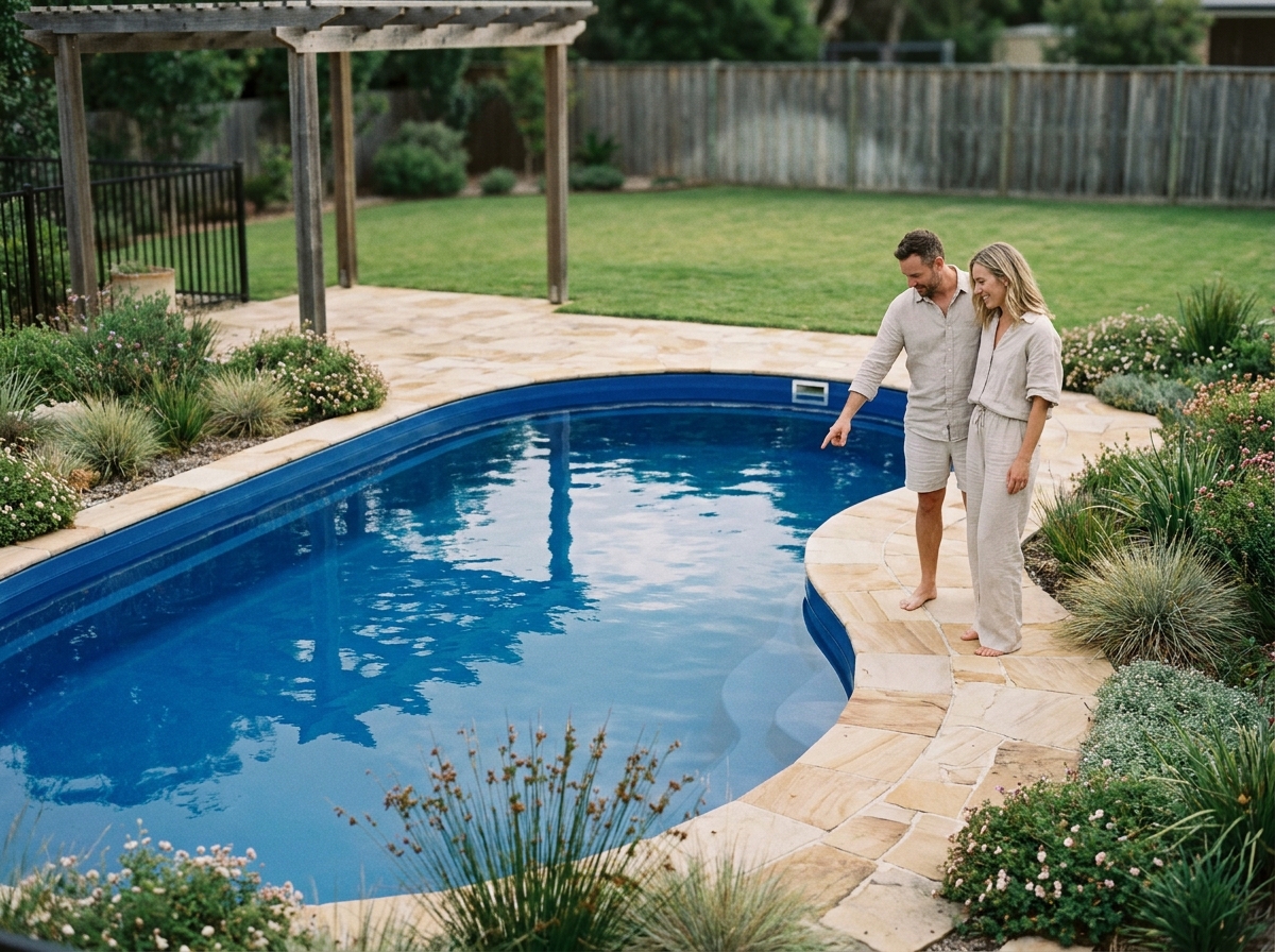 Couple examinant une piscine coque en polyester installée dans un jardin résidentiel avec dallage en pierre naturelle