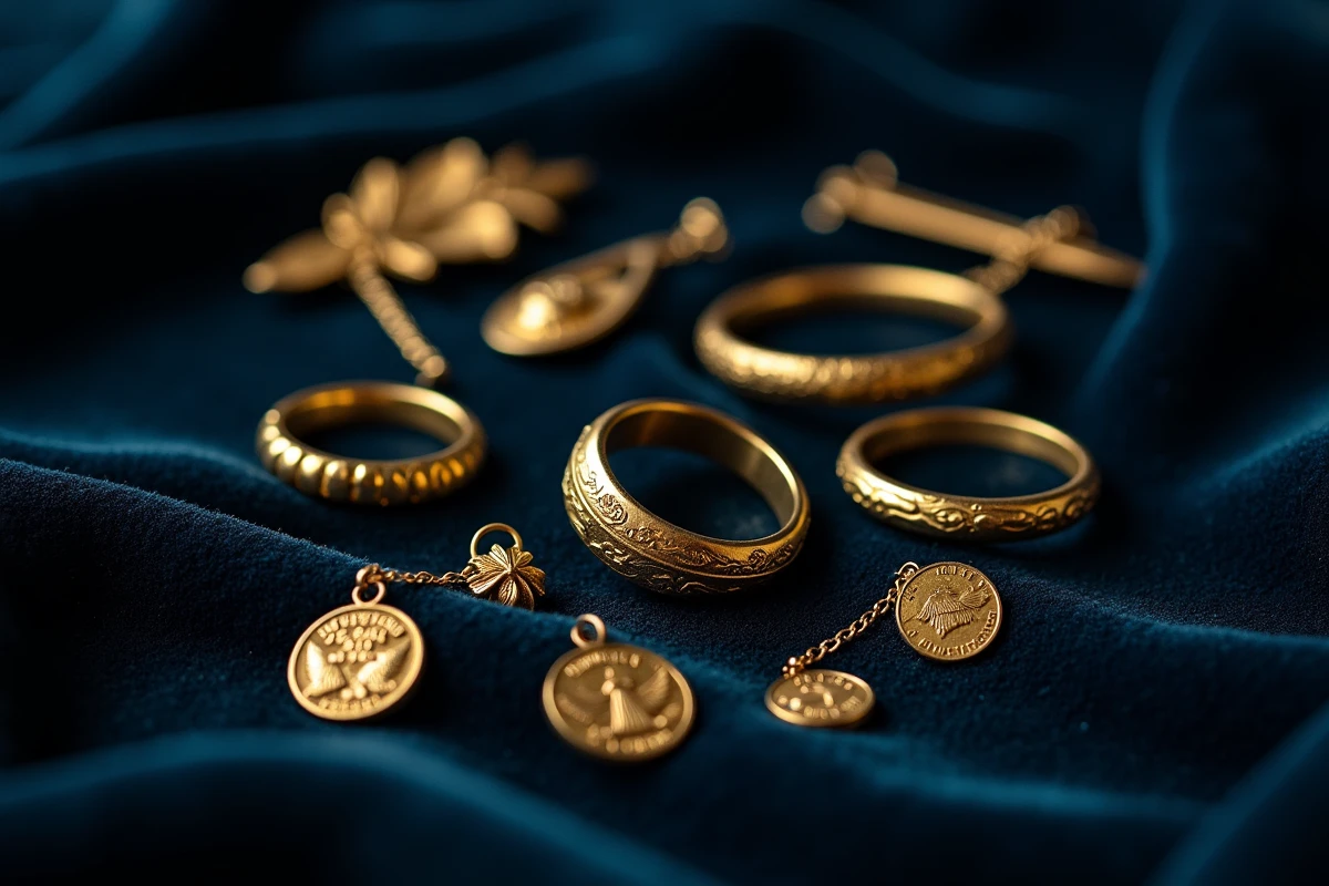 Bijoux en or avec poinçons symboles animaux et chiffres de titre sur velours marine