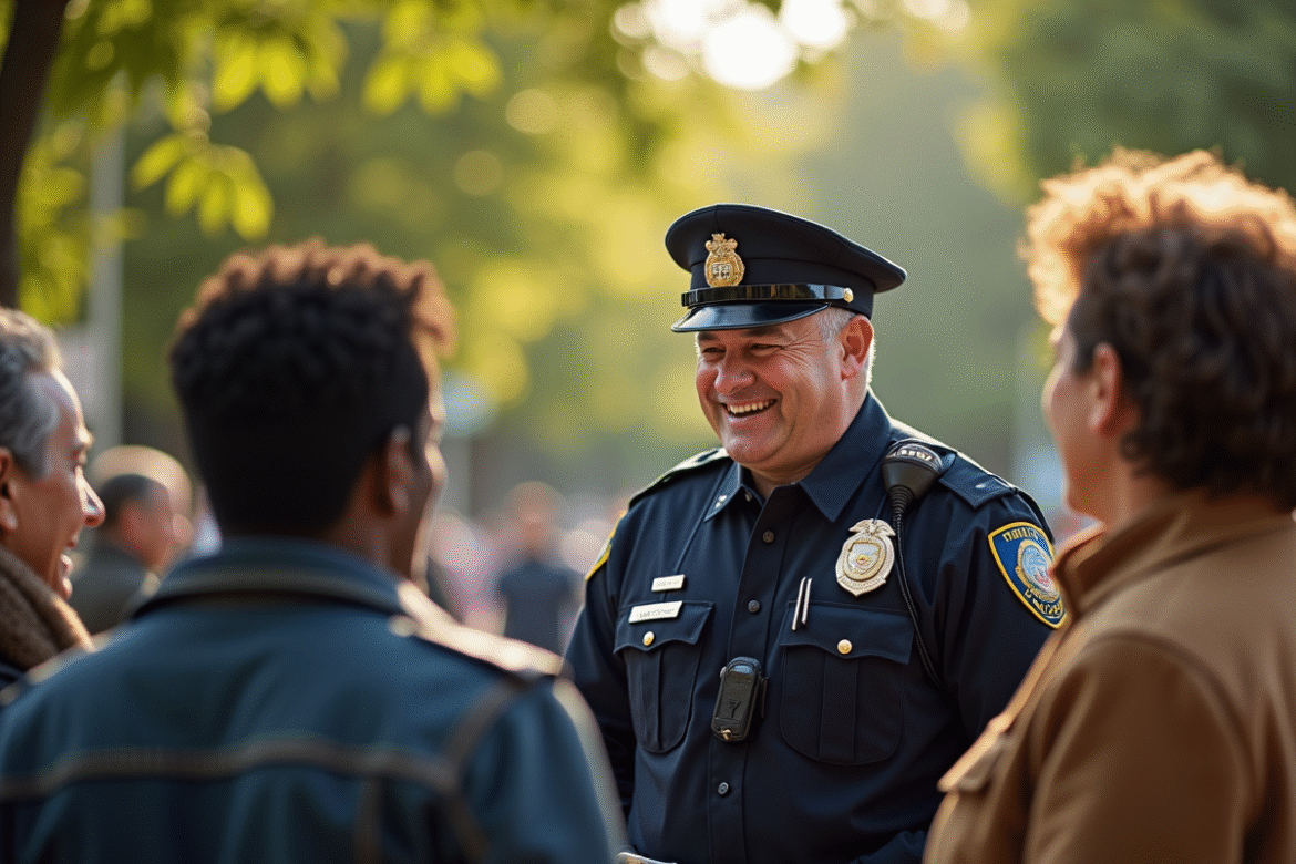 Policier en uniforme discutant avec des citoyens dans un parc urbain