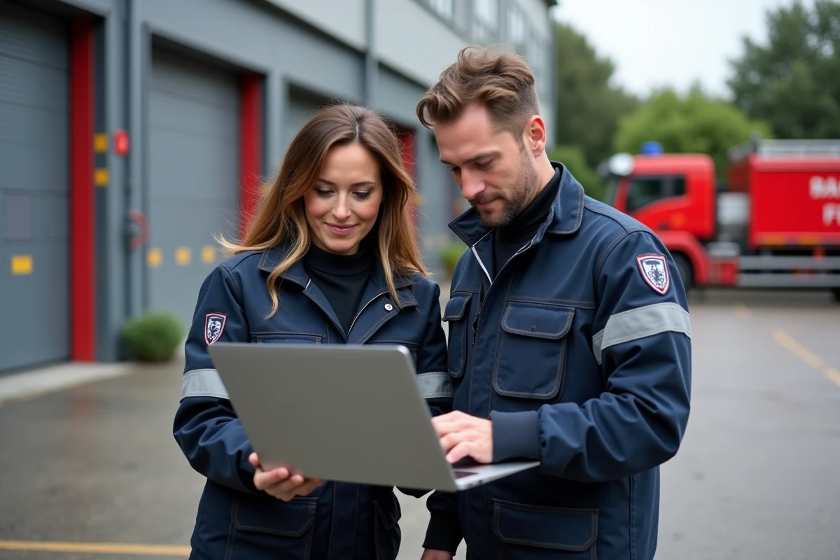 Deux sapeurs-pompiers, un homme et une femme, consultant un ordinateur portable devant un camion de pompiers dans la cour d'un centre de secours, symbolisant la formation au numérique et au système IRIS dans les services d'incendie français.