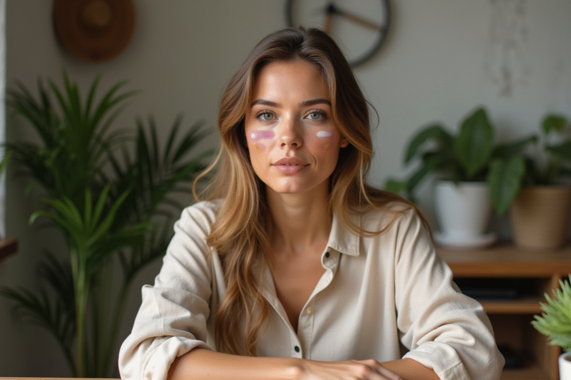 Femme aux visages colorés dans un studio naturel