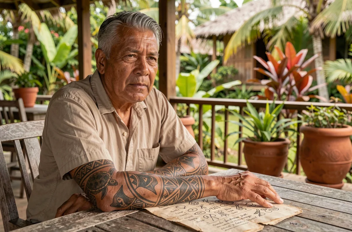 Portrait d'un homme tahitien âgé montrant son tatouage polynésien traditionnel en manchette avec un dictionnaire de symboles polynésiens annoté posé sur la table