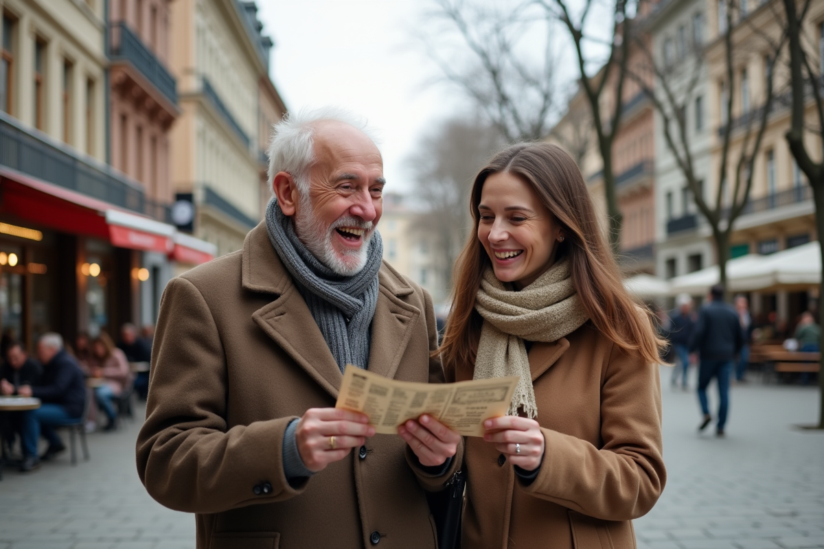 Père et fille riant en regardant des billets pour une balade en montgolfiere en ville