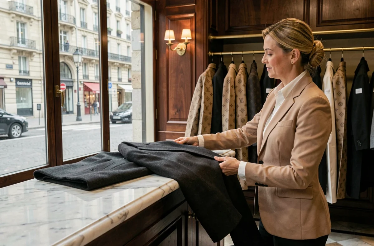 Cliente élégante déposant un manteau en laine au comptoir en marbre du Pressing de la Madeleine dans le 8e arrondissement de Paris