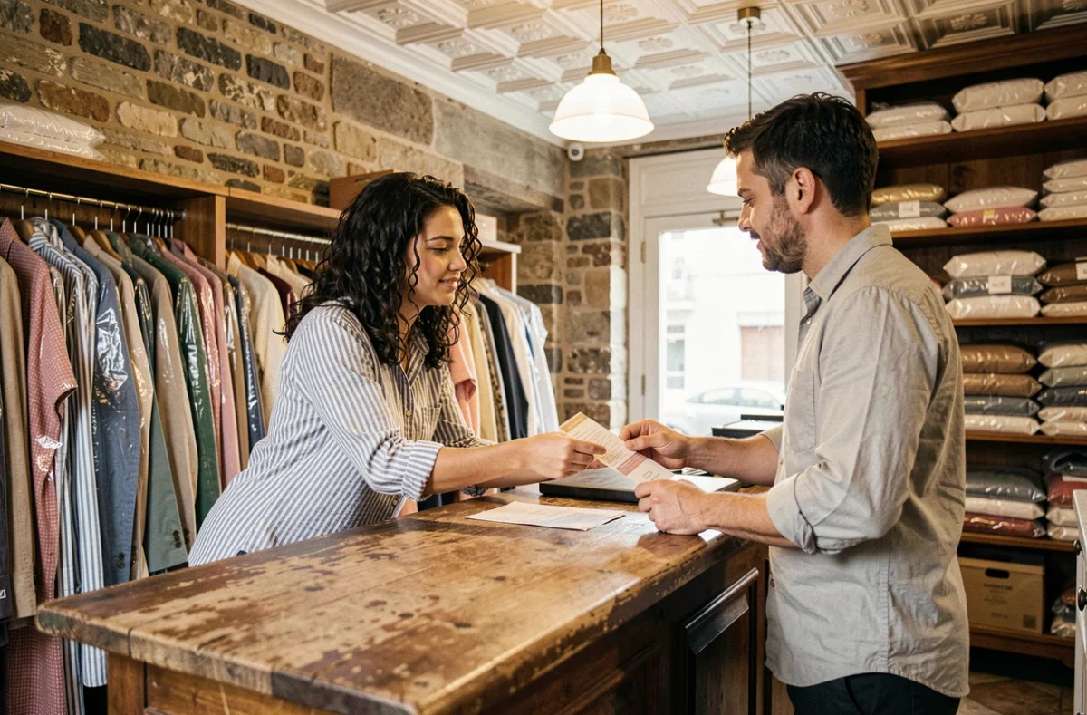 Cliente remettant un ticket à un employé au comptoir en bois du Pressing du Marais dans le 4e arrondissement de Paris