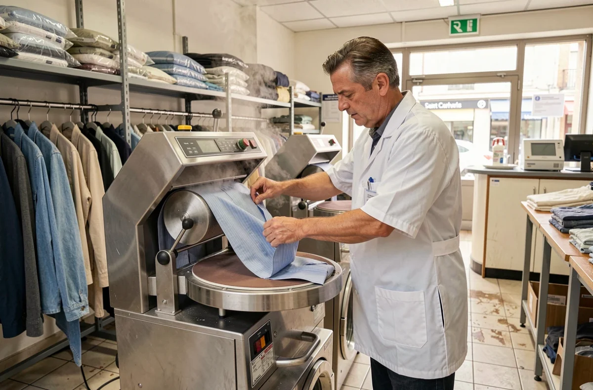Employé du Pressing Saint-Charles dans le 15e arrondissement de Paris utilisant une presse à chemises professionnelle