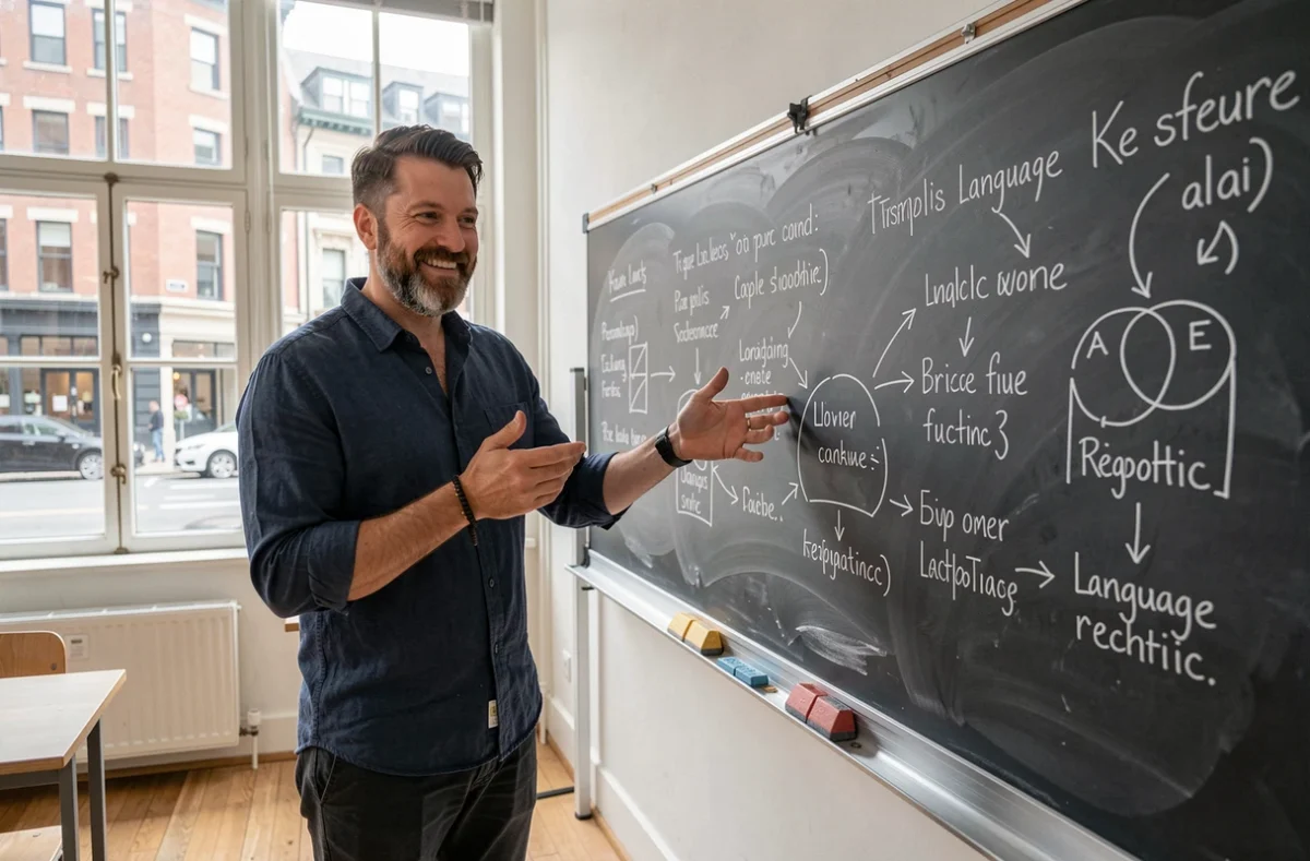 Homme devant un tableau noir expliquant des figures de style avec des schémas écrits à la craie