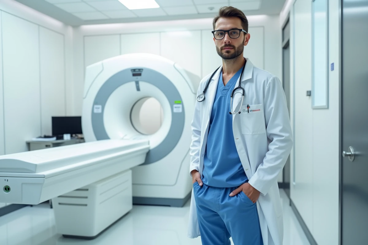 Jeune radiologue avec machine MRI dans une salle d