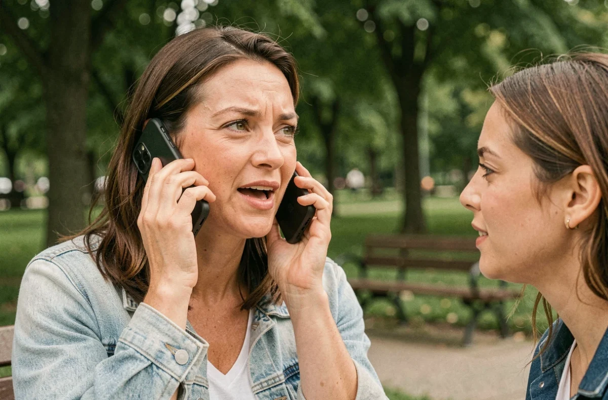 Une femme parlant ouvertement au téléphone dans un parc, refusant de garder les secrets d'un manipulateur