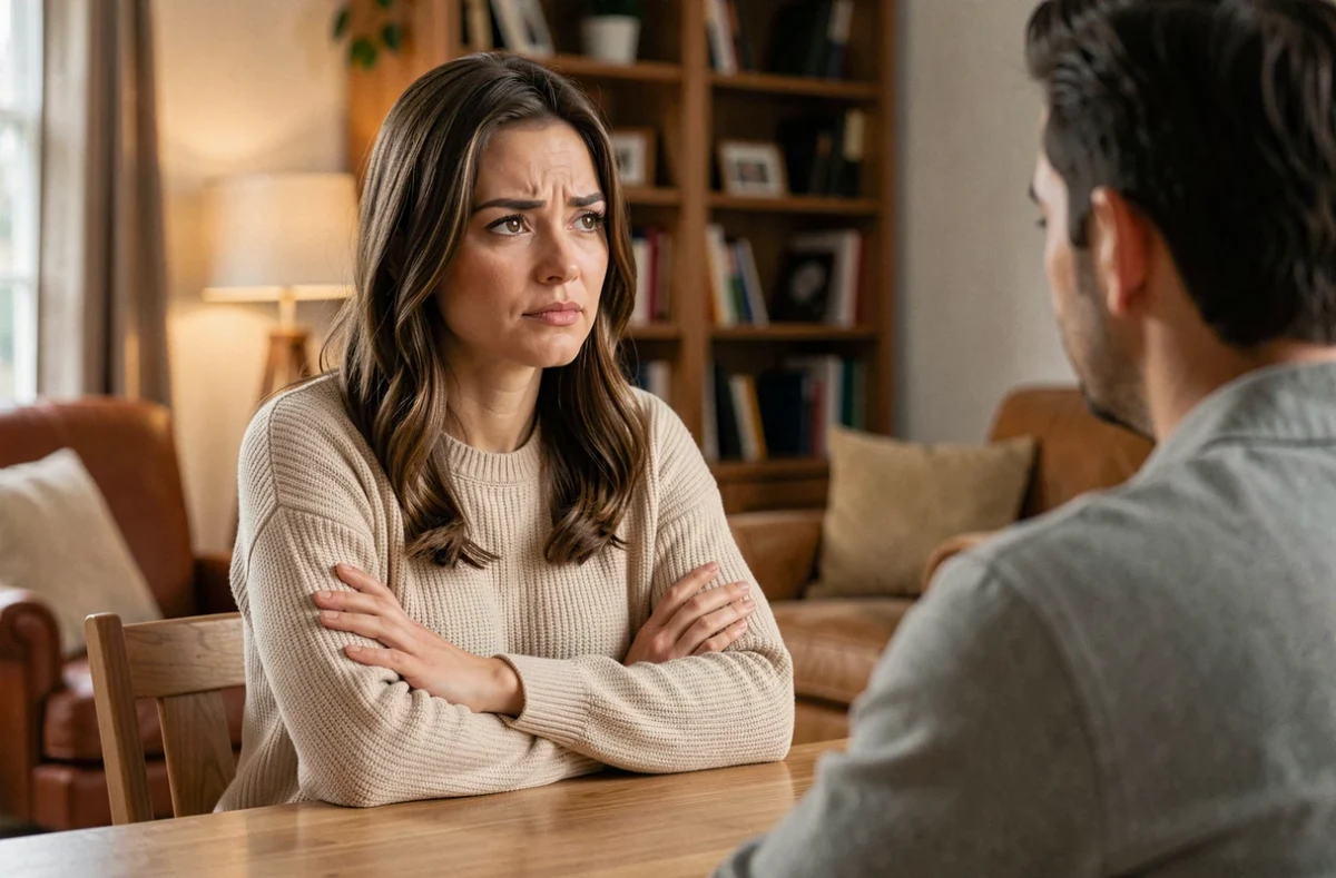 Une femme exprimant un refus calme et ferme sans justification face à un interlocuteur, bras croisés et expression résolue
