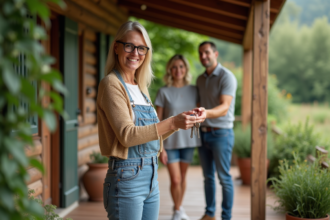 Femme souriante remettant des clés à un jeune couple devant une maison de campagne