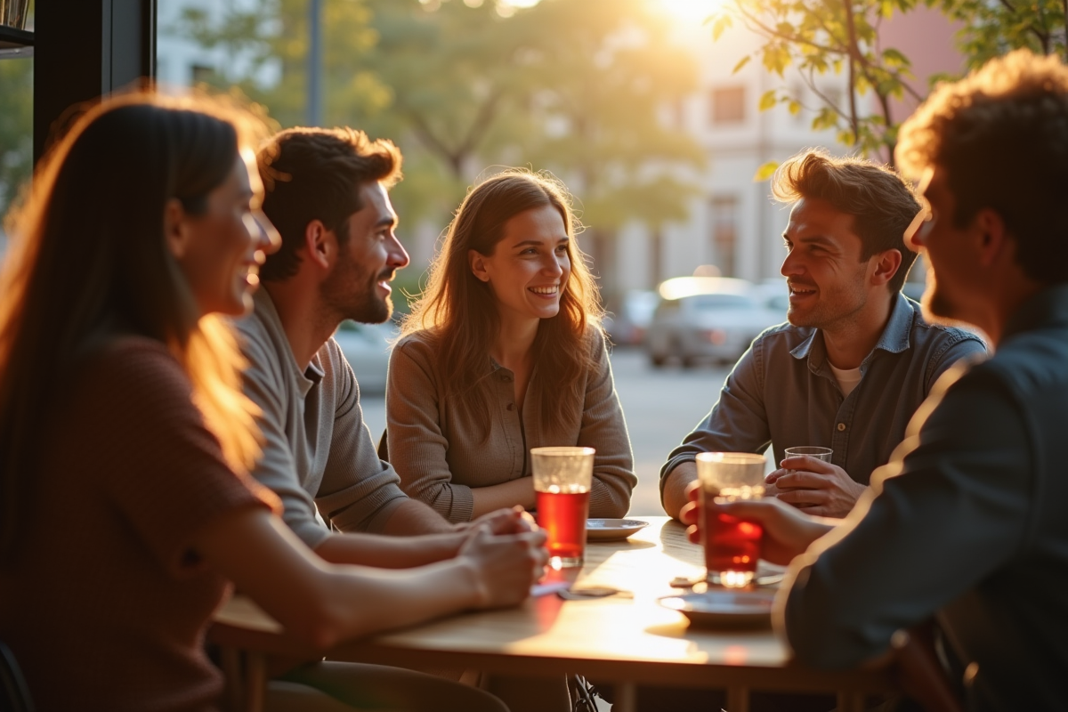 Groupe de personnes discutant dans un café en matinée