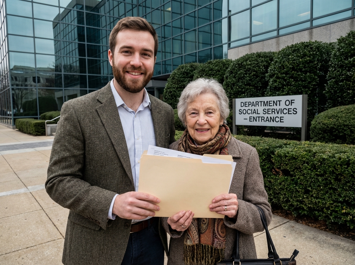 Fils et mère devant un bâtiment officiel avec dossier