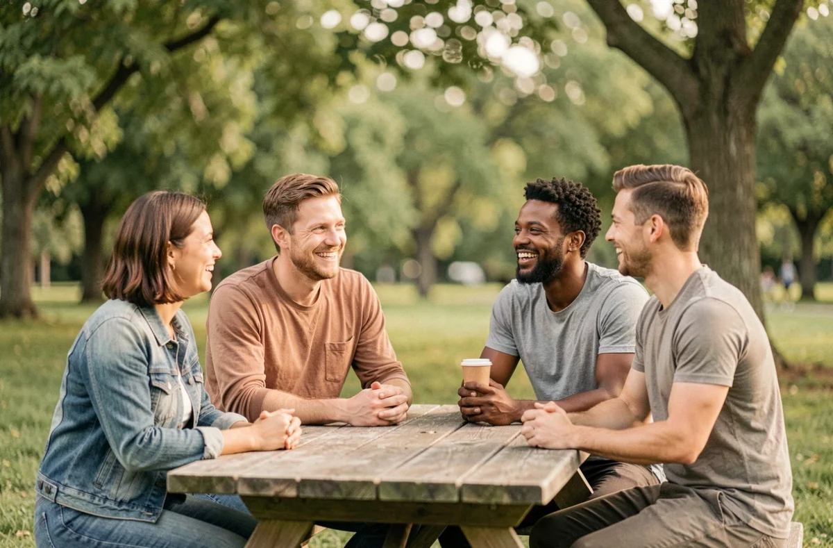 Un groupe de quatre amis adultes se soutenant mutuellement dans un parc, illustrant un réseau social solide autour d'une personne ciblée