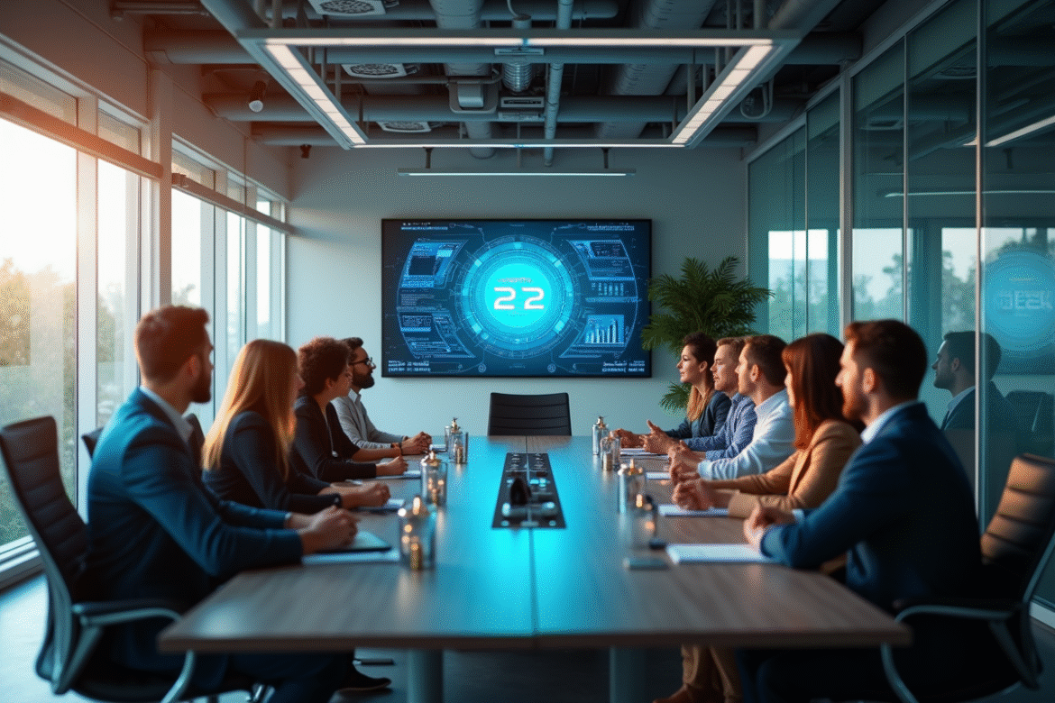 Salle de réunion moderne avec equipe et tableau digital Agendis 22
