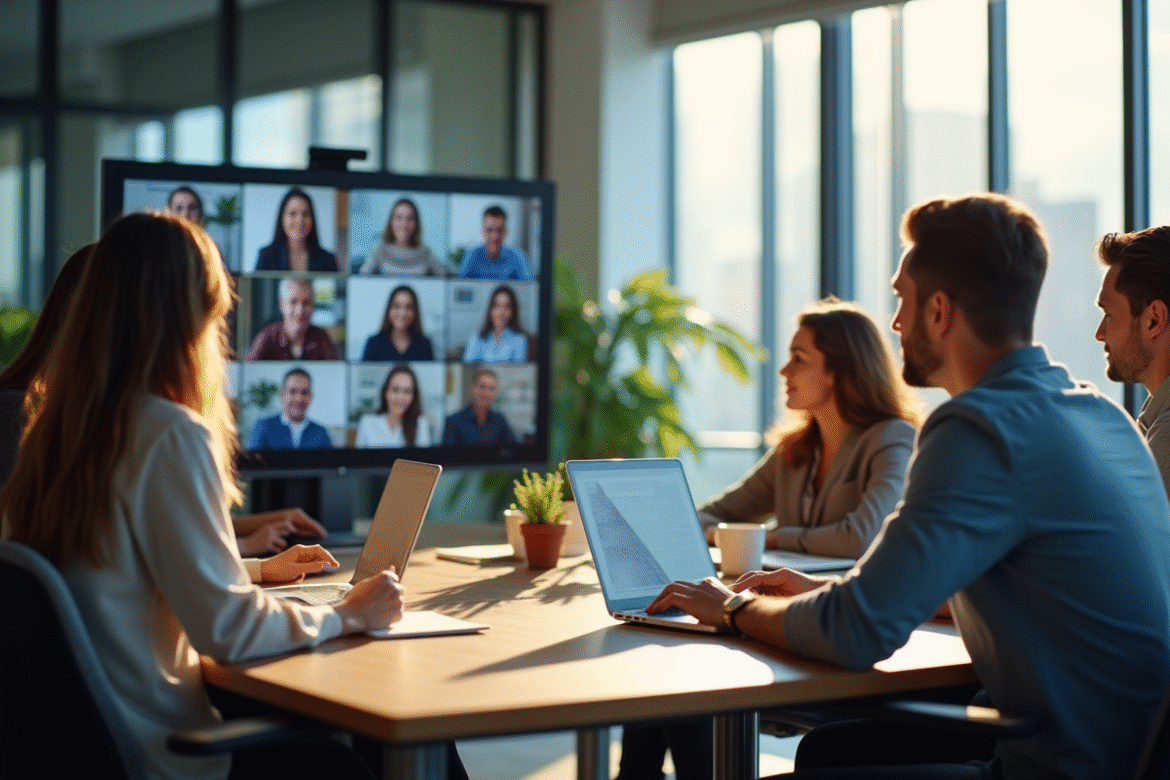 Groupe de professionnels en visioconference dans un bureau lumineux