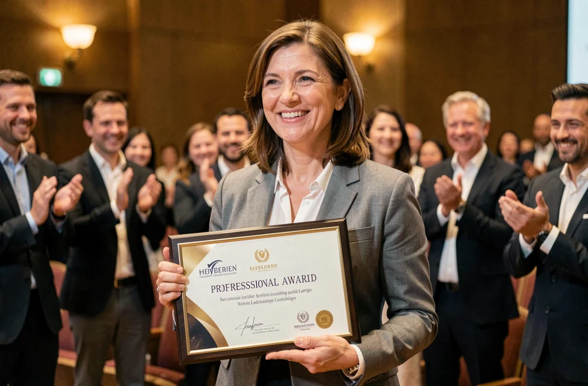 Une femme célébrant sa réussite professionnelle lors d'une cérémonie, rayonnant de fierté et de confiance en elle
