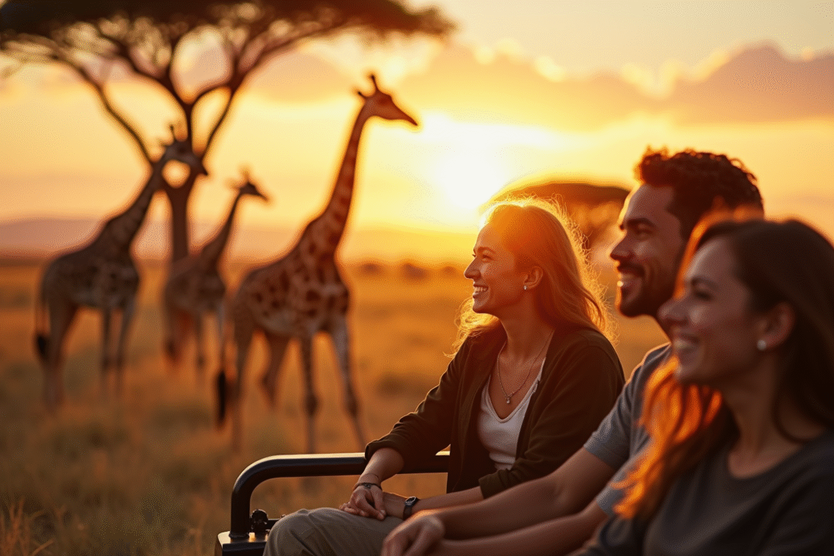 Groupe d'amis en safari observant des girafes au coucher du soleil