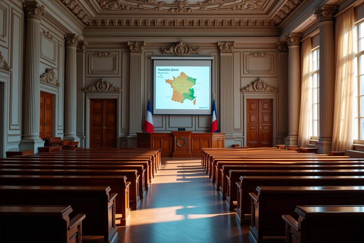 Salle du conseil municipal parisien avec projection d'une carte des nouvelles limites du Grand Paris