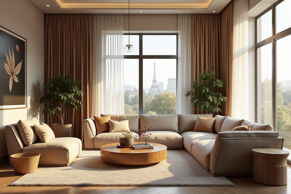 Salon moderne et chaleureux avec mobilier élégant et lumière naturelle