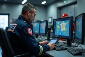 Sapeur-pompier en uniforme consultant un tableau de bord numérique sur tablette dans un centre de commandement modernisé, illustrant la transformation digitale des pompiers avec le projet IRIS en 2026.