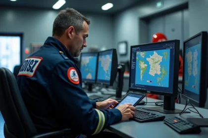 Sapeur-pompier en uniforme consultant un tableau de bord numérique sur tablette dans un centre de commandement modernisé, illustrant la transformation digitale des pompiers avec le projet IRIS en 2026.